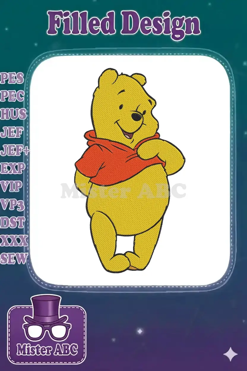 A vibrant machine embroidery design featuring a happy Winnie the Pooh, smiling and standing in his iconic red shirt.