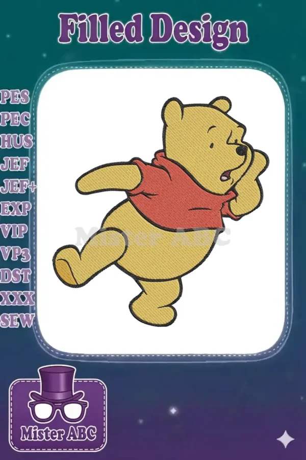 A vibrant embroidery design of Winnie the Pooh running happily, featuring classic yellow fur and a red shirt.