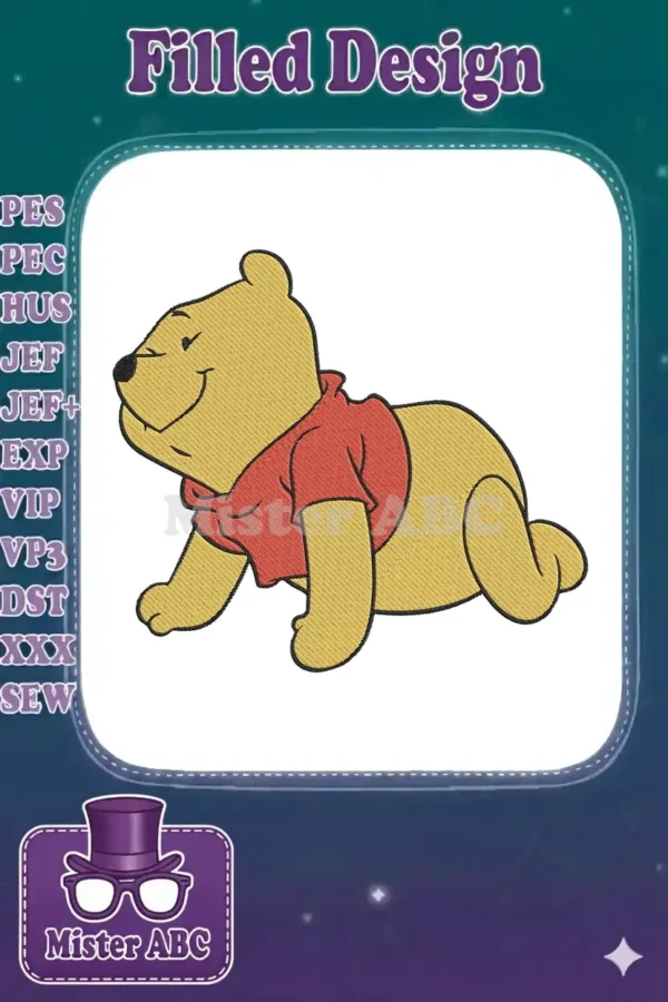 An endearing embroidery of Winnie the Pooh in a crawling pose, featuring his iconic yellow fur and red shirt.