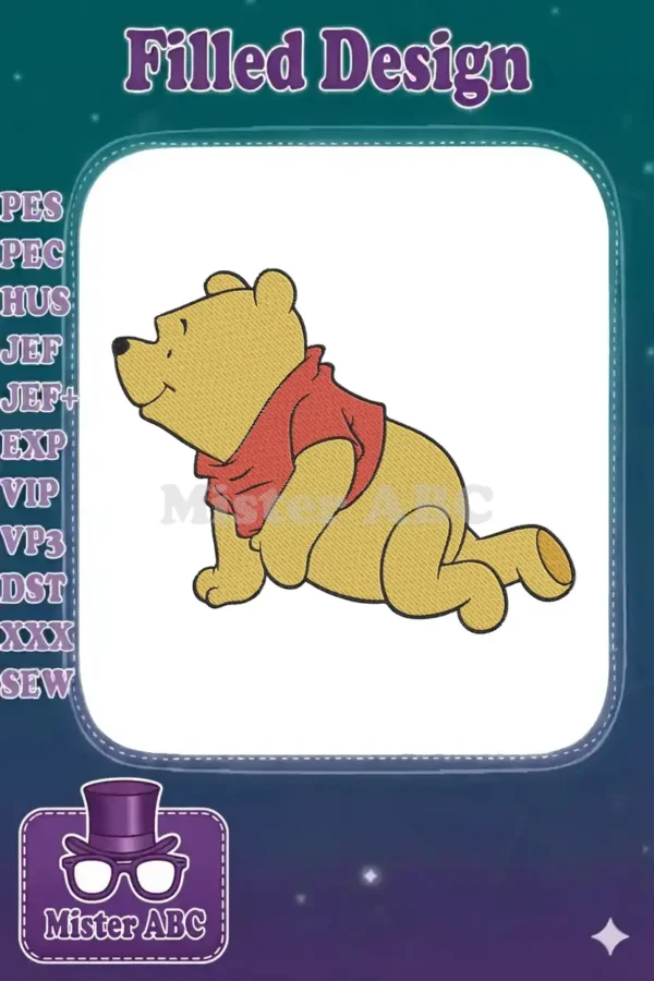 A delightful Winnie the Pooh embroidery design, featuring the beloved bear in a relaxed, sitting pose, ready to be stitched.