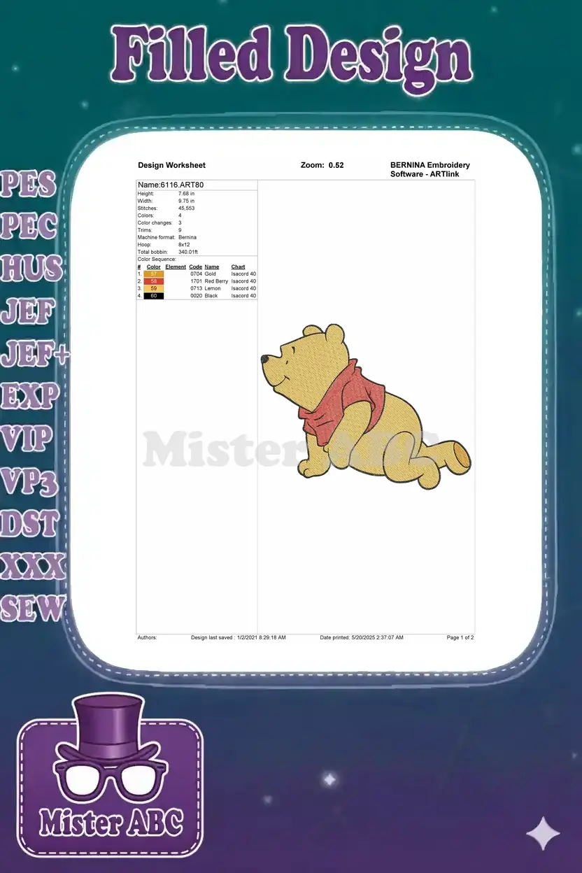 A comprehensive embroidery design worksheet for Winnie the Pooh, detailing stitch count, colors, and dimensions.