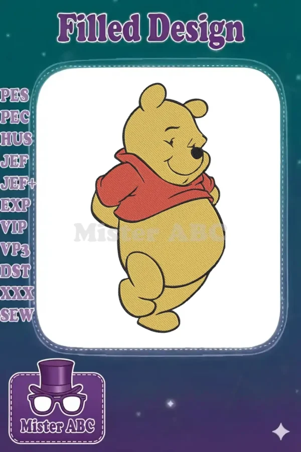 Full-color machine embroidery design of Winnie the Pooh, cheerful, standing slightly sideways with a friendly smile.