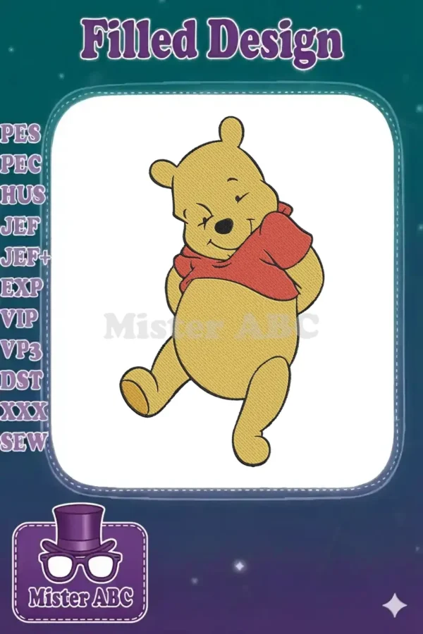 Winnie the Pooh embroidery design, happily leaning back with a sweet smile, in classic yellow and red.