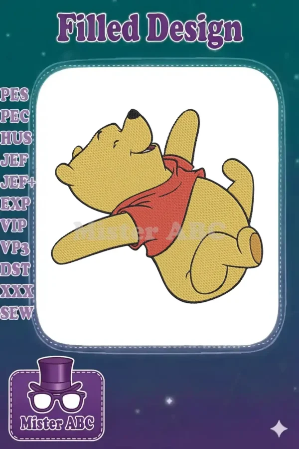Winnie the Pooh embroidery design, lying on his back with a cheerful smile, showcasing vibrant yellow and red stitches.