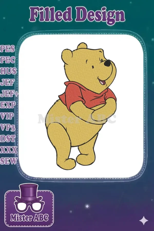 Winnie the Pooh embroidery design, featuring the beloved bear smiling with arms crossed, rendered in vibrant yellow and red.