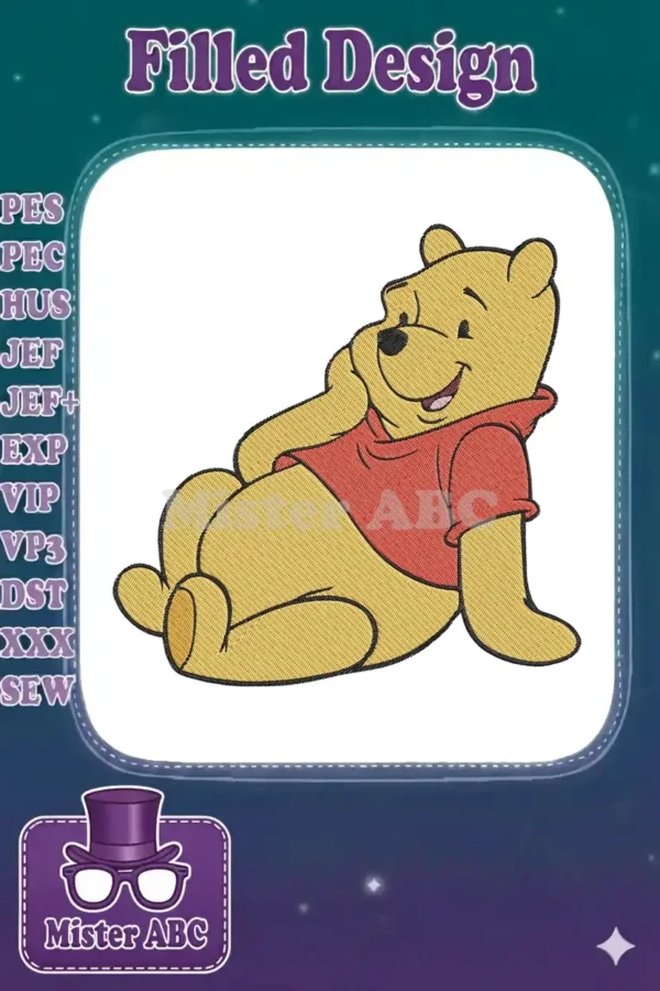 A detailed embroidery design of Winnie the Pooh lounging happily in his classic red shirt, showcasing intricate stitches.