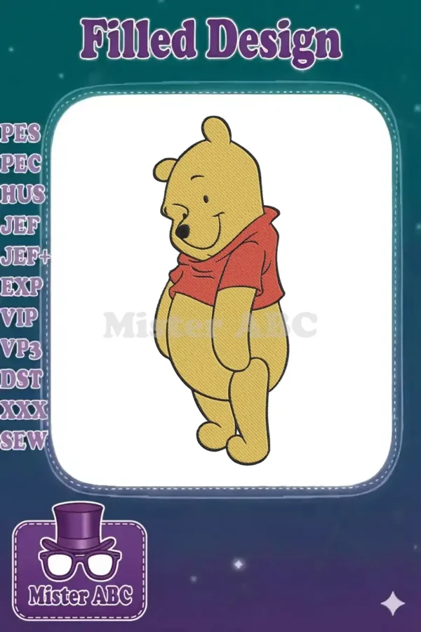 A vibrant machine embroidery design of Winnie the Pooh, standing tall and smiling, wearing his iconic red shirt.