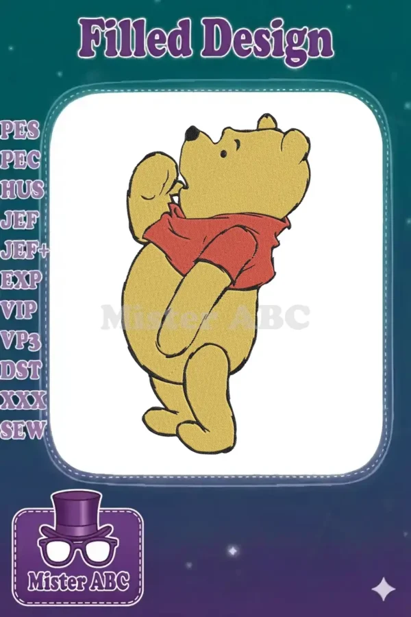 A delightful embroidery design of Winnie the Pooh, standing and looking up, with a classic red shirt.