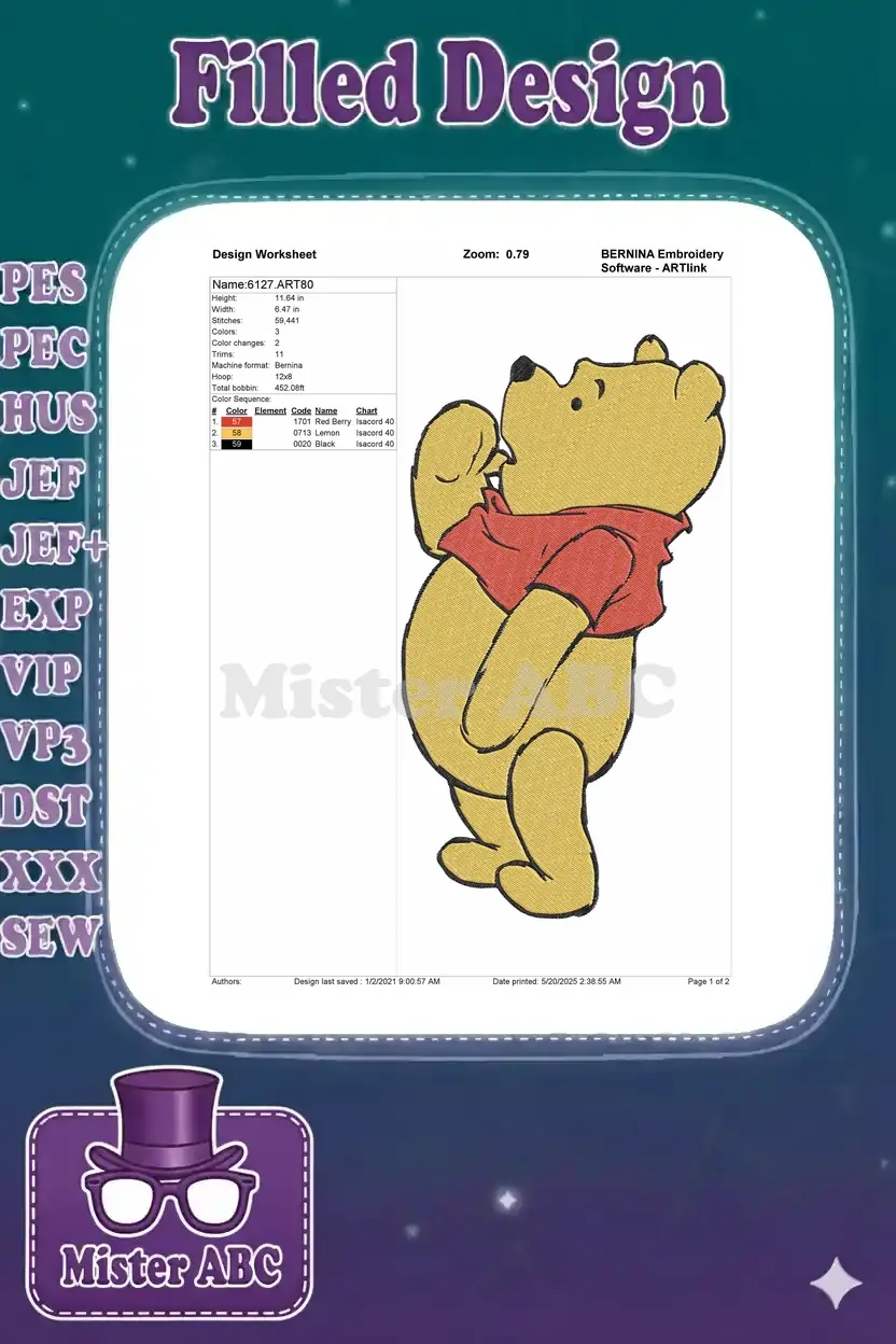 A detailed embroidery design worksheet for Winnie the Pooh, showing dimensions, stitch count, and color sequence.