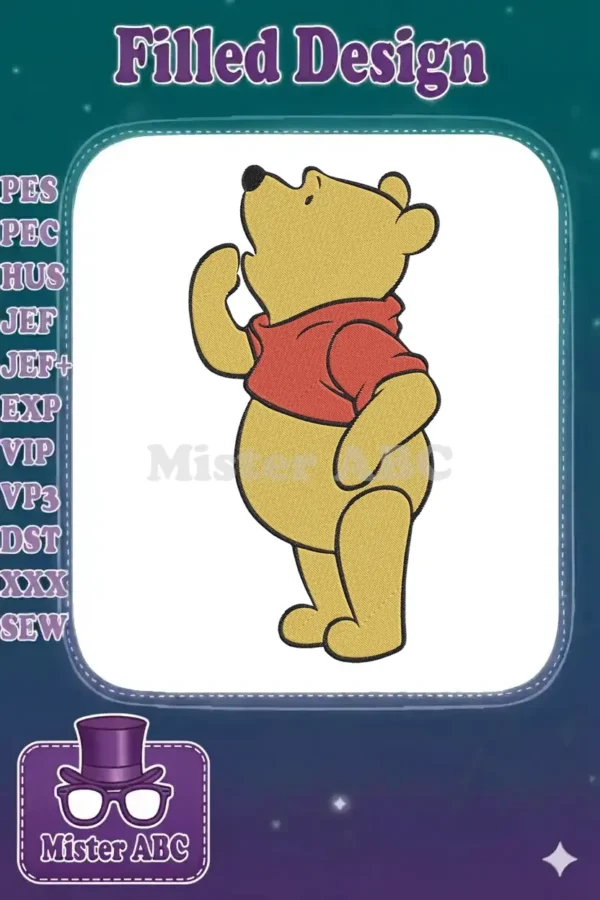 Winnie the Pooh embroidery design, standing thoughtfully, hand on chin, wearing his iconic red shirt, on white background.