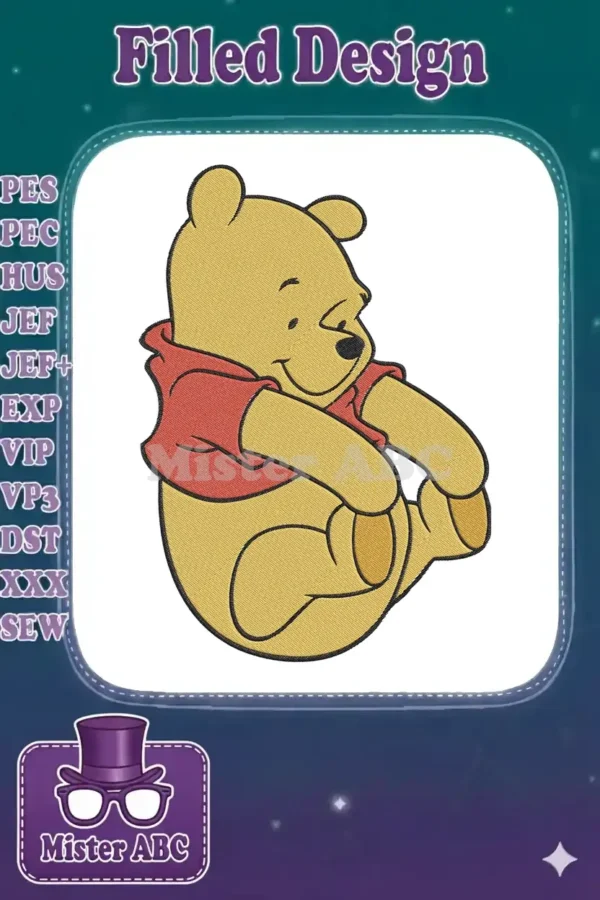 Close-up of a happy Winnie the Pooh embroidery design, sitting with a gentle smile, showcasing vibrant colors.