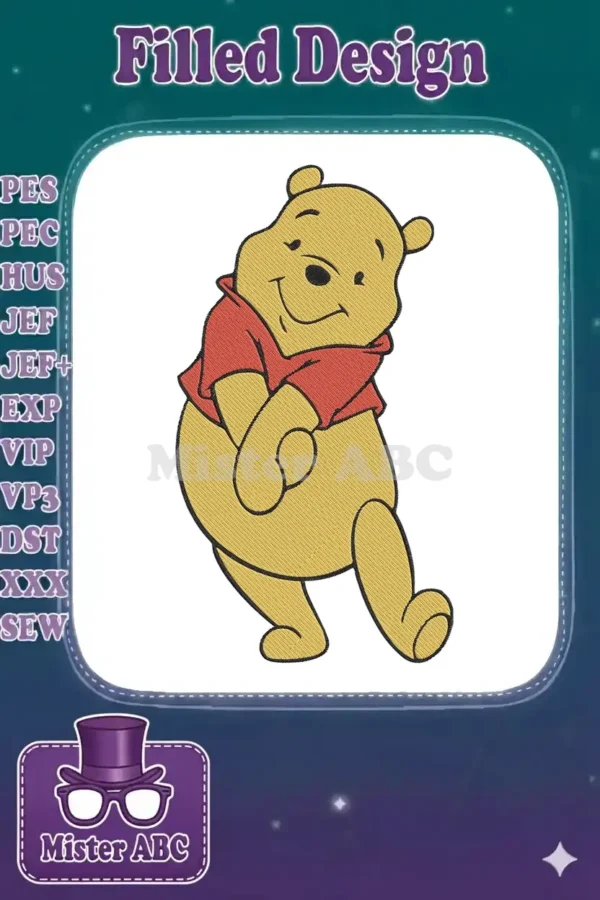 Vibrant Winnie the Pooh machine embroidery design, featuring the beloved bear in a classic, cheerful pose.