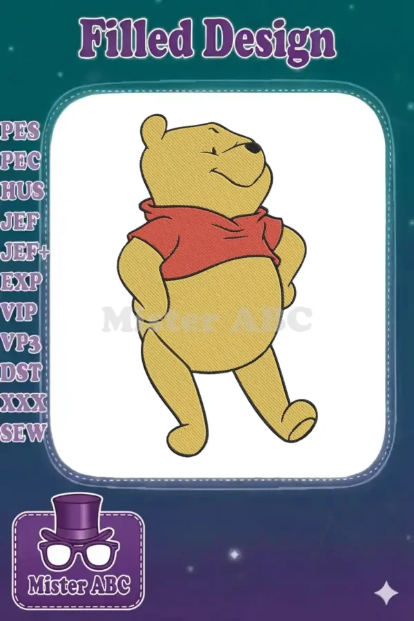 A vibrant, detailed embroidery design of Winnie the Pooh standing happily, ready to bring cheer to any item.