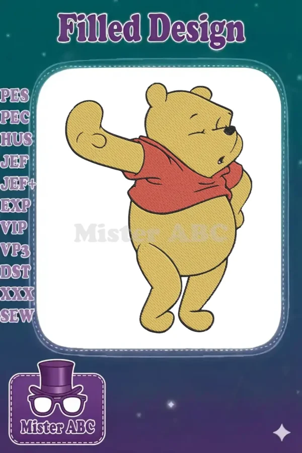 Vibrant Winnie the Pooh dabbing embroidery design, showcasing his playful pose and iconic red shirt.
