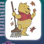Happy Winnie Pooh bear sweeping colorful autumn leaves embroidery designs - Instant Download