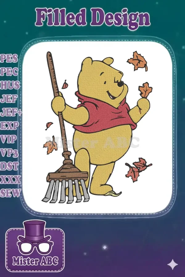 Winnie the Pooh happily sweeping autumn leaves with a broom, a charming and vibrant fall-themed embroidery design.