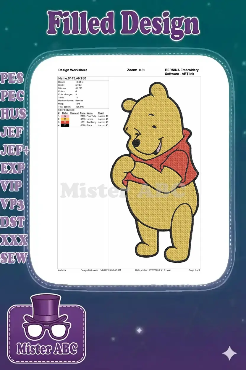 Detailed embroidery design worksheet for Winnie the Pooh, showing dimensions, stitch count, and color sequence.