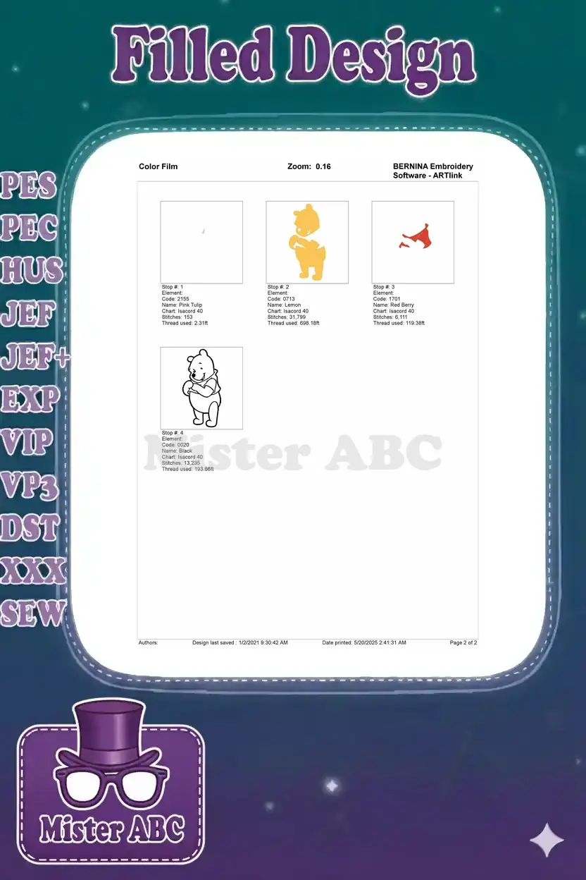 Color film breakdown for Winnie the Pooh embroidery, illustrating stitch order and thread usage per color.