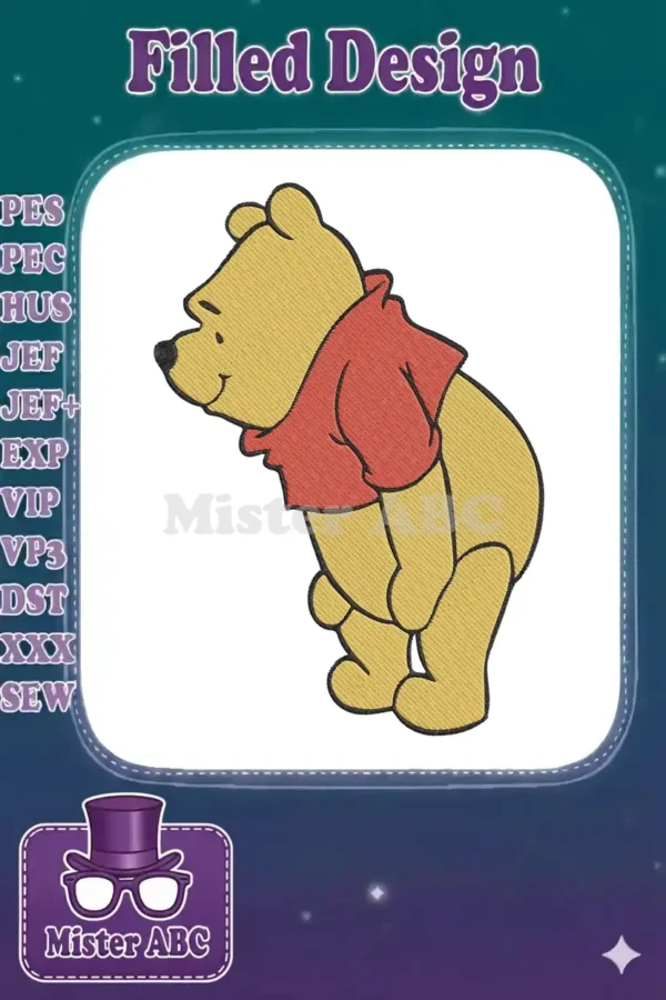 A charming embroidered design of Winnie the Pooh, leaning forward with a friendly smile, showcasing detailed fill stitches.