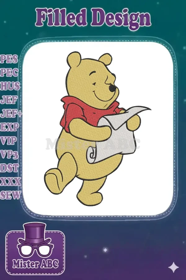 Winnie the Pooh embroidery design, smiling and walking while holding a rolled-up scroll. Features classic yellow, red, and black.