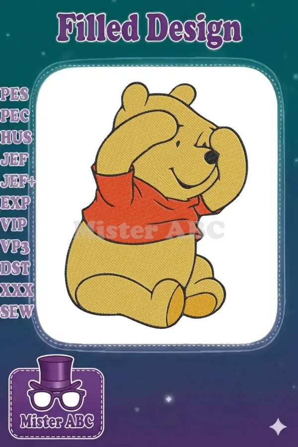 A charming Winnie the Pooh embroidery design featuring him sitting, covering his eyes playfully, ready for peek-a-boo.
