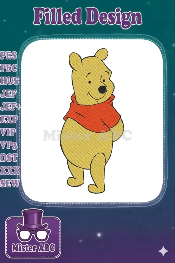 Winnie the Pooh embroidery design, featuring the beloved bear standing with a smile in his red shirt.