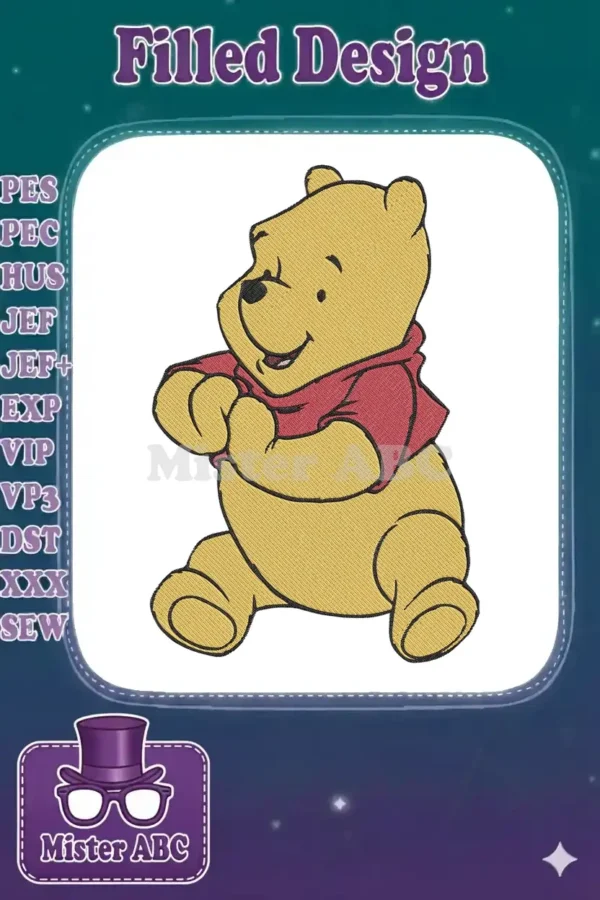 Winnie the Pooh embroidery design, a classic character in a happy sitting pose with a red shirt.