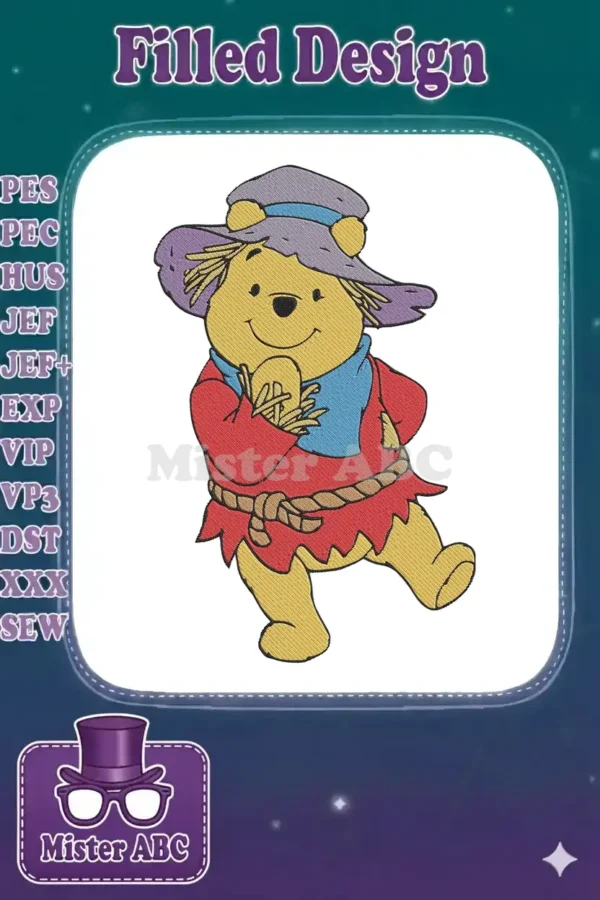 A charming embroidery design featuring Winnie the Pooh dressed as a scarecrow, complete with hat, scarf, and rope belt.