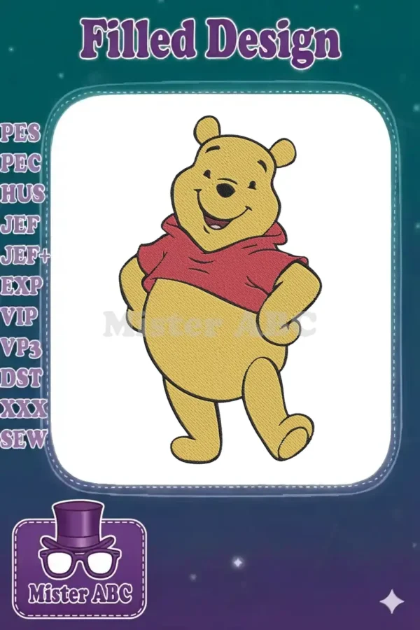 High-quality embroidery design of Winnie the Pooh standing, smiling, wearing his iconic red shirt. Perfect for apparel.