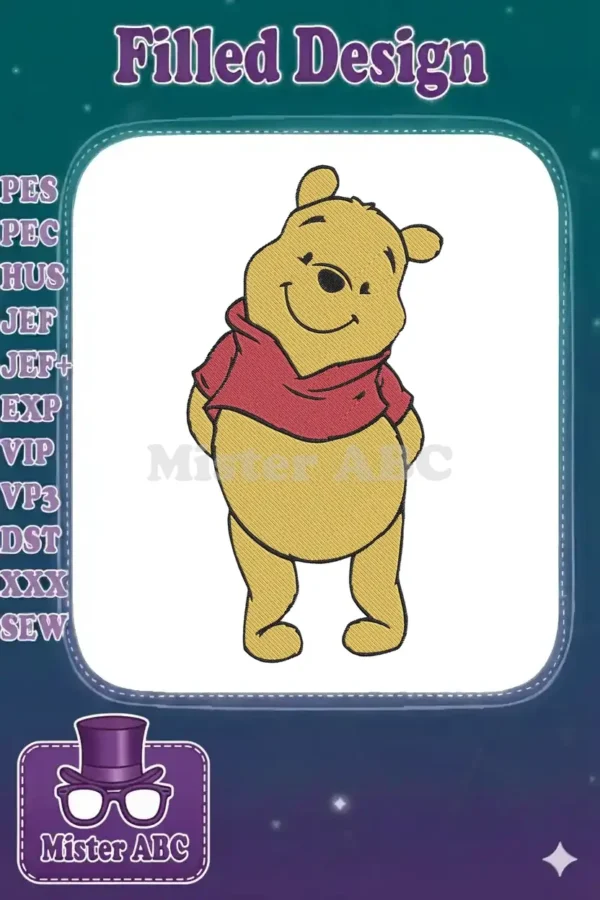 A vibrant embroidery of Winnie the Pooh, smiling cheerfully, hands behind his back, wearing his classic red shirt.