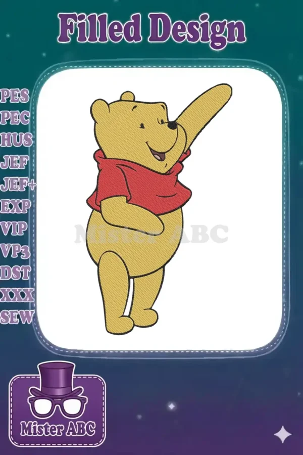 Winnie the Pooh embroidery design, standing joyously with one arm raised, showcasing a full stitch pattern.