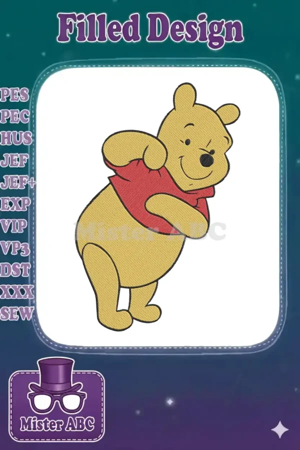A delightful Winnie the Pooh embroidery design, showcasing the beloved character smiling in a friendly pose. Perfect for fans.