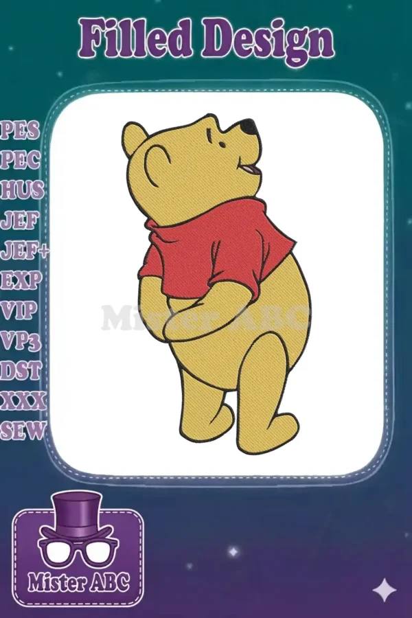 Embroidery design of Winnie the Pooh looking upwards, wearing his iconic red shirt, with rich fill stitches.