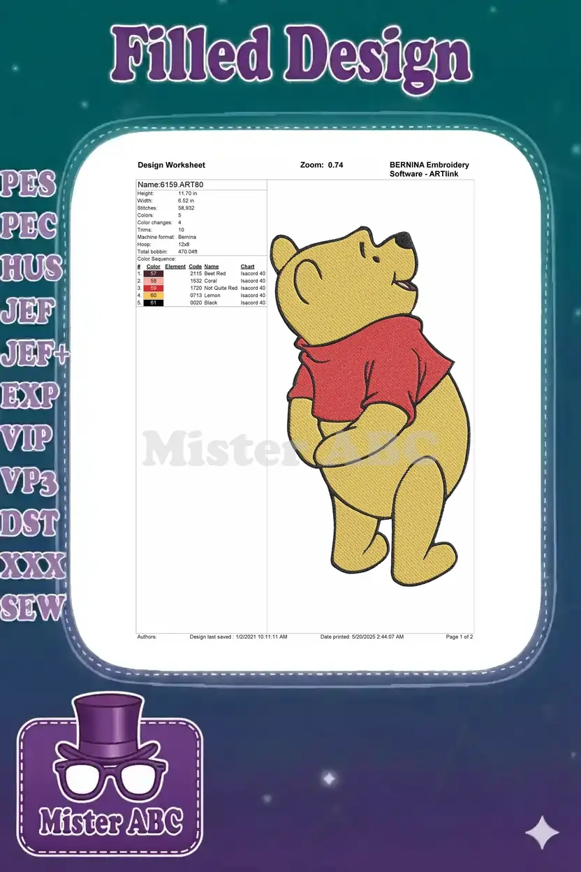 Embroidery design worksheet for Winnie the Pooh, detailing dimensions, stitch count, colors, and thread codes.