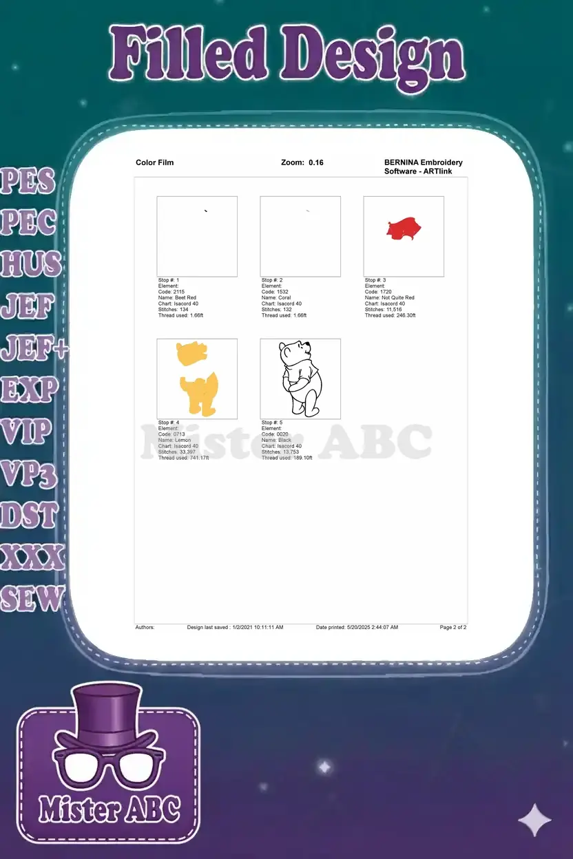 Color film breakdown for Winnie the Pooh embroidery, showing stitch order and individual color elements.