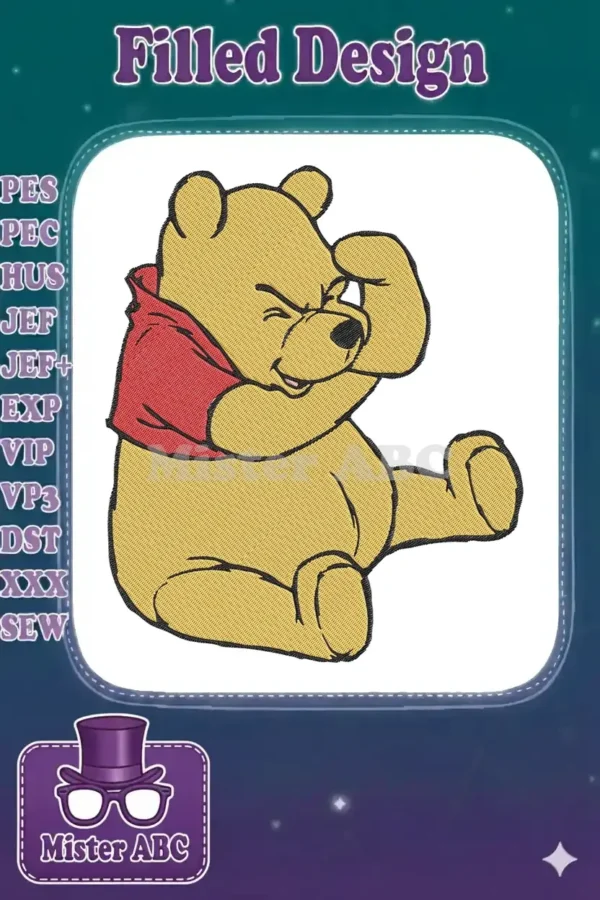 High-quality embroidery design featuring Winnie the Pooh in a shy, playful pose, covering one eye with his paw.