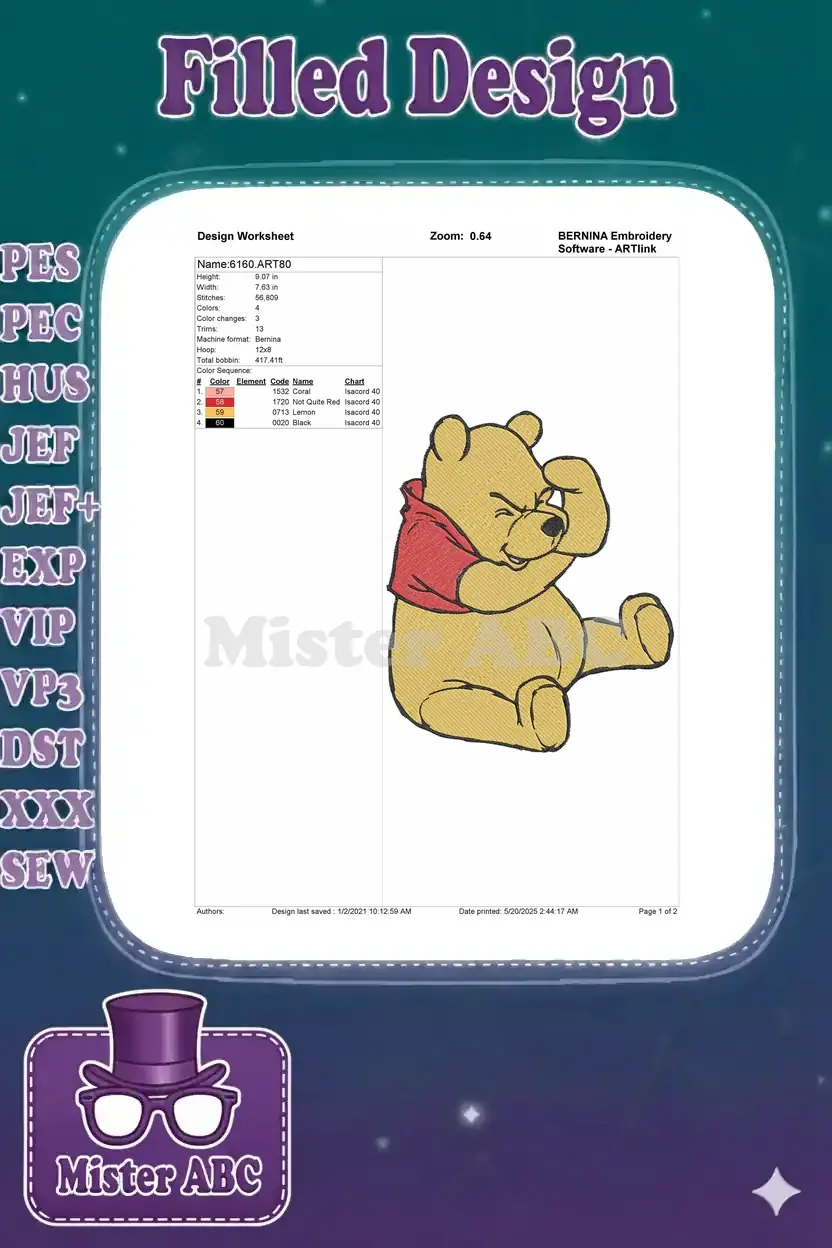 Embroidery design worksheet for Winnie the Pooh, detailing dimensions, stitch count, colors, and machine info.