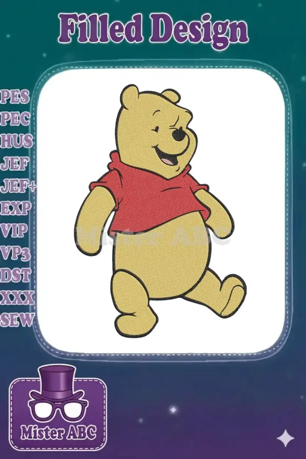 Adorable Winnie the Pooh machine embroidery design, featuring his classic red shirt and cheerful expression.