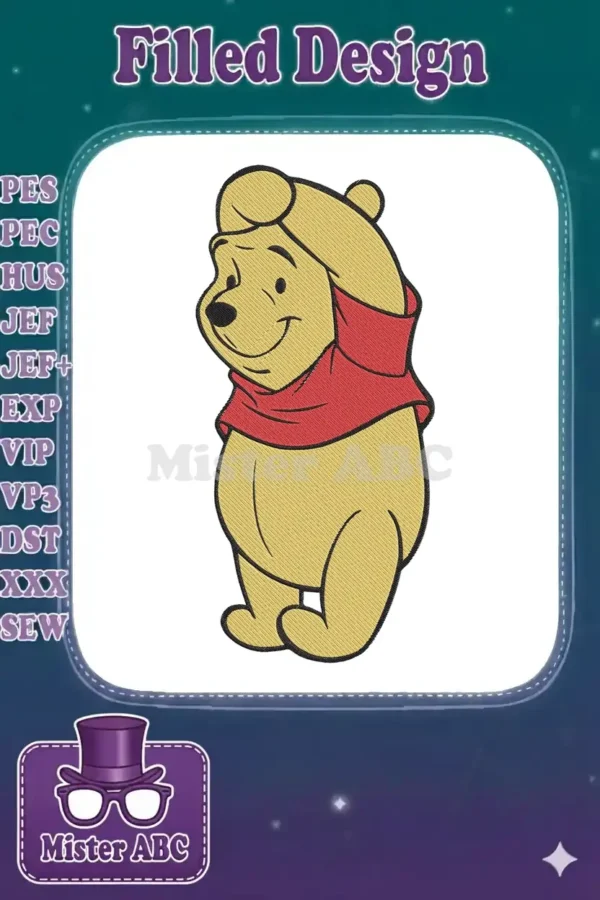 A vibrant, detailed embroidery of Winnie the Pooh, smiling and wearing his iconic red shirt, ready to brighten any item.