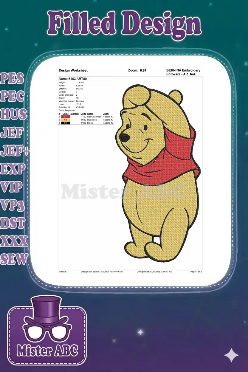 Detailed embroidery design worksheet for Winnie the Pooh, showing dimensions, stitch count, and color sequence.