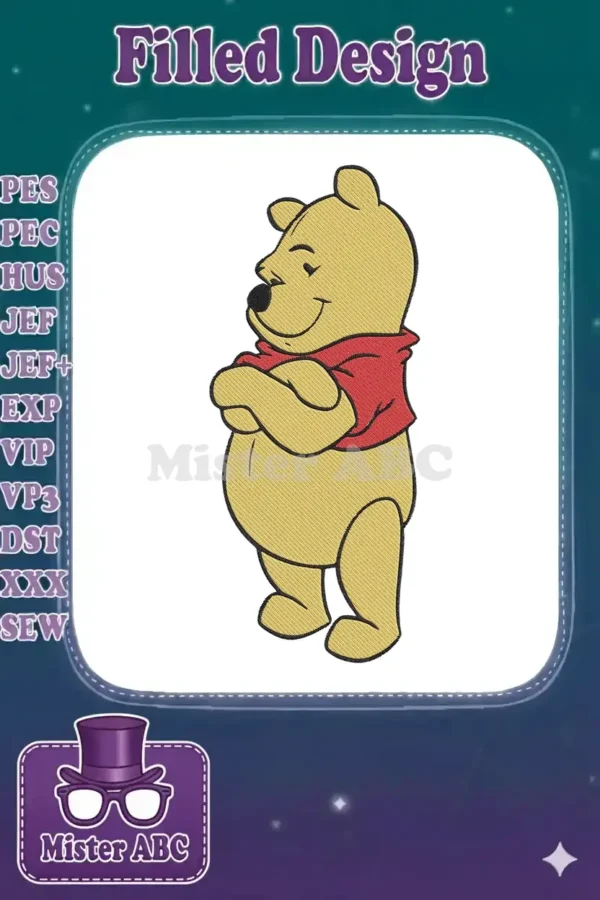 A full-body embroidery design of Winnie the Pooh, smiling with arms crossed, in his iconic red shirt and yellow fur.