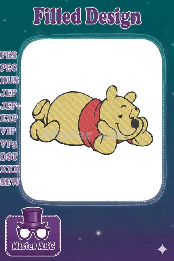 Adorable embroidery of Winnie the Pooh napping peacefully, featuring warm yellow fur and a classic red shirt. A charming design.