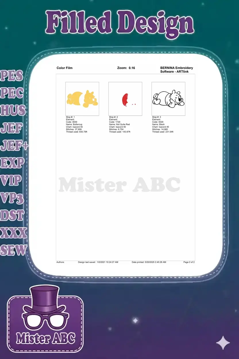 Color film breakdown for Winnie the Pooh embroidery, showing each color stop's stitched areas and thread usage.