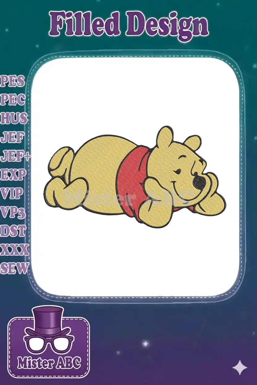 Adorable embroidery of Winnie the Pooh napping peacefully, featuring warm yellow fur and a classic red shirt. A charming design.