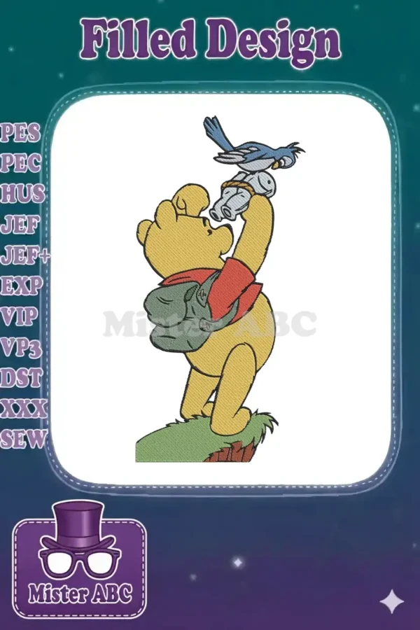 Winnie the Pooh embroidery design, Pooh Bear holding binoculars observing a blue bird, standing on green grass.