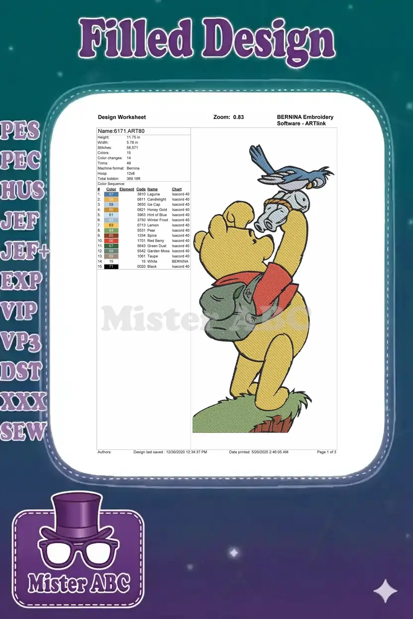 Embroidery design worksheet for Winnie the Pooh, detailing stitch count, dimensions, and color sequence.