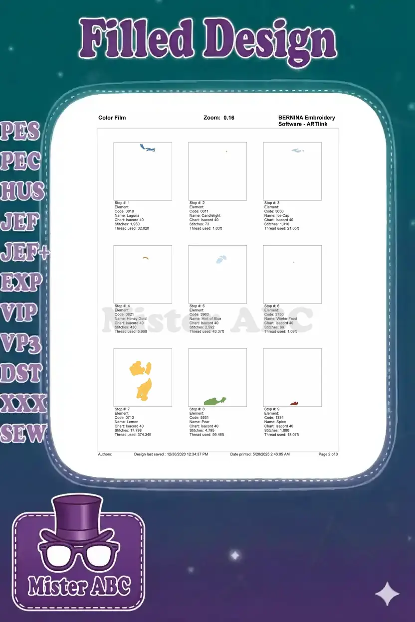 Color film breakdown for Winnie the Pooh embroidery, showing individual stitch elements for colors 1-9.
