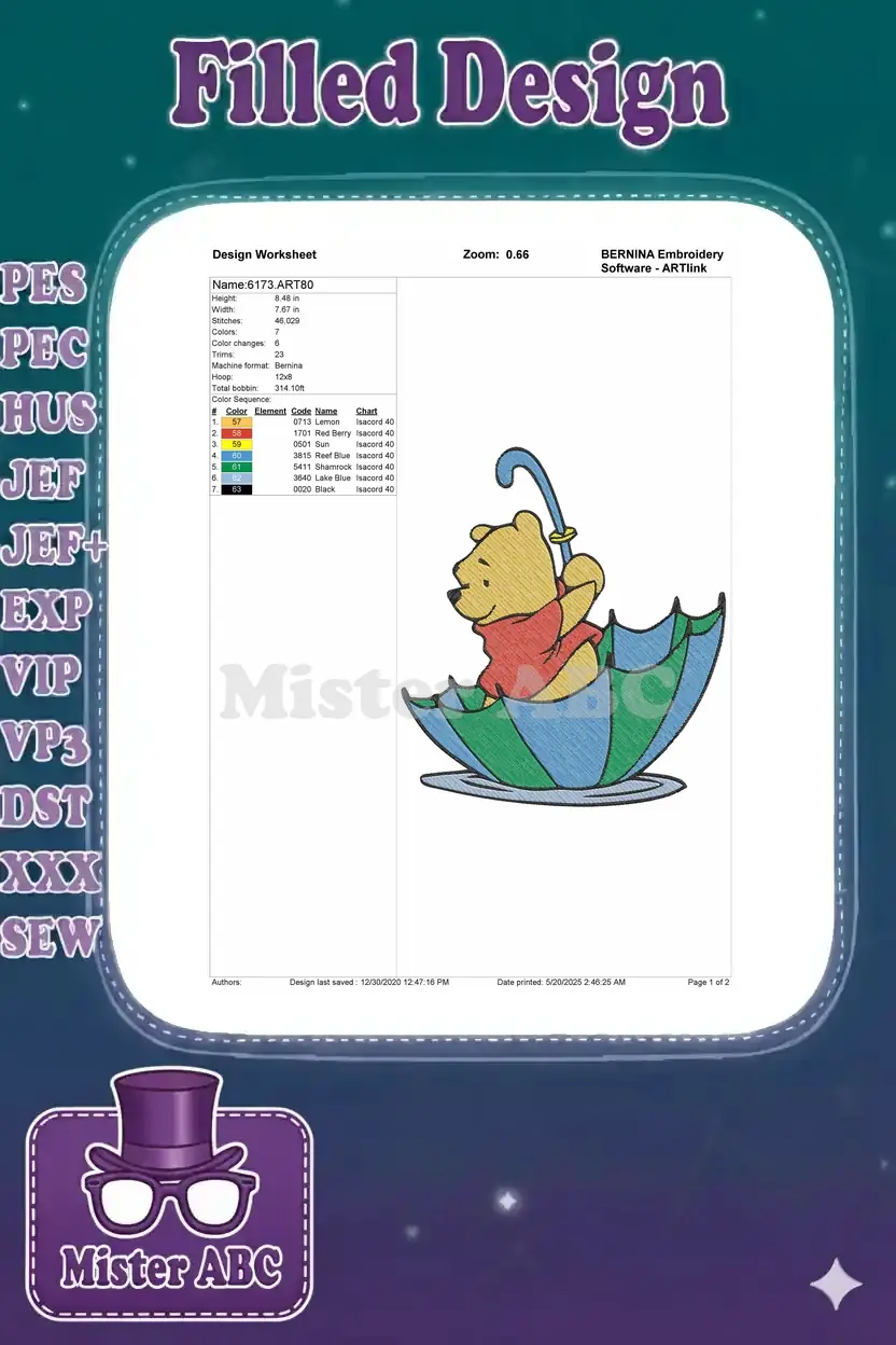 Embroidery design worksheet for Winnie the Pooh, detailing dimensions, stitch count, color sequence, and thread types.