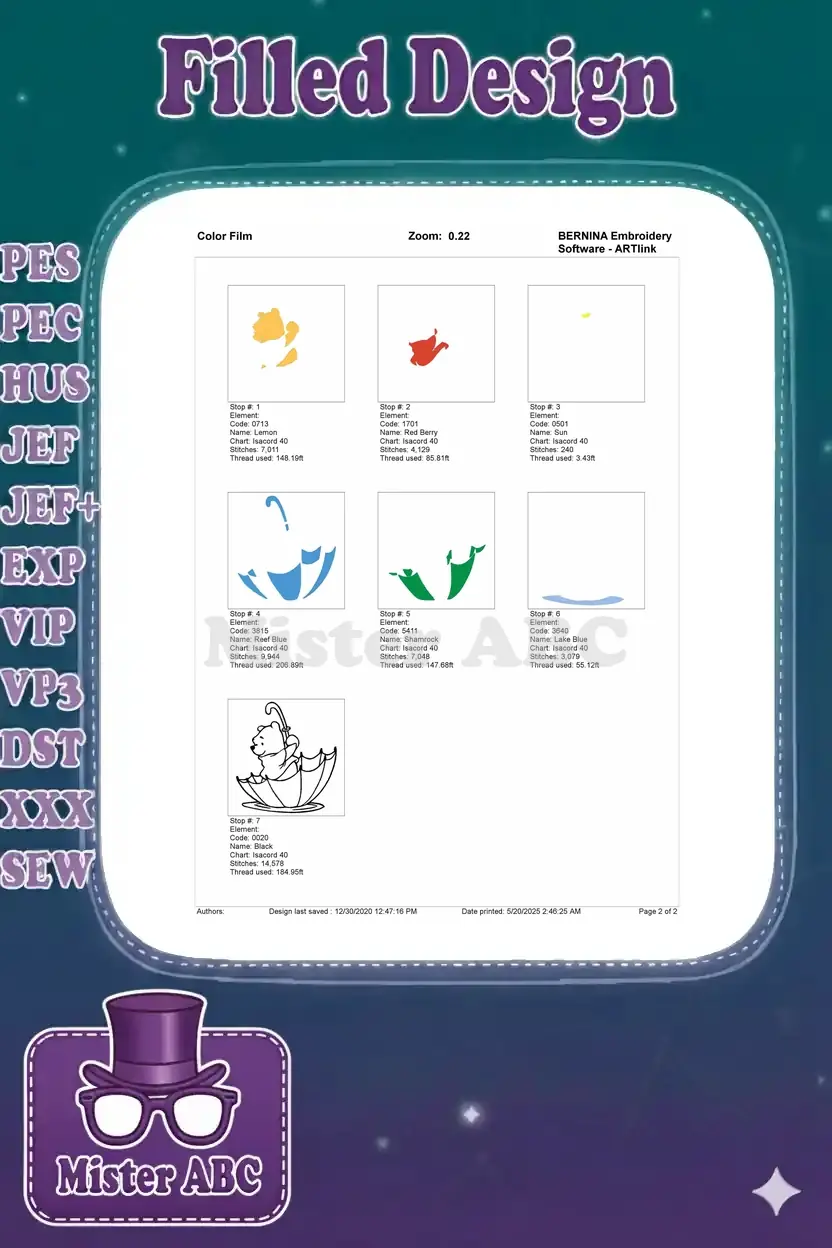 Color film breakdown for Winnie the Pooh embroidery, showing individual stitch elements and thread usage per color stop.