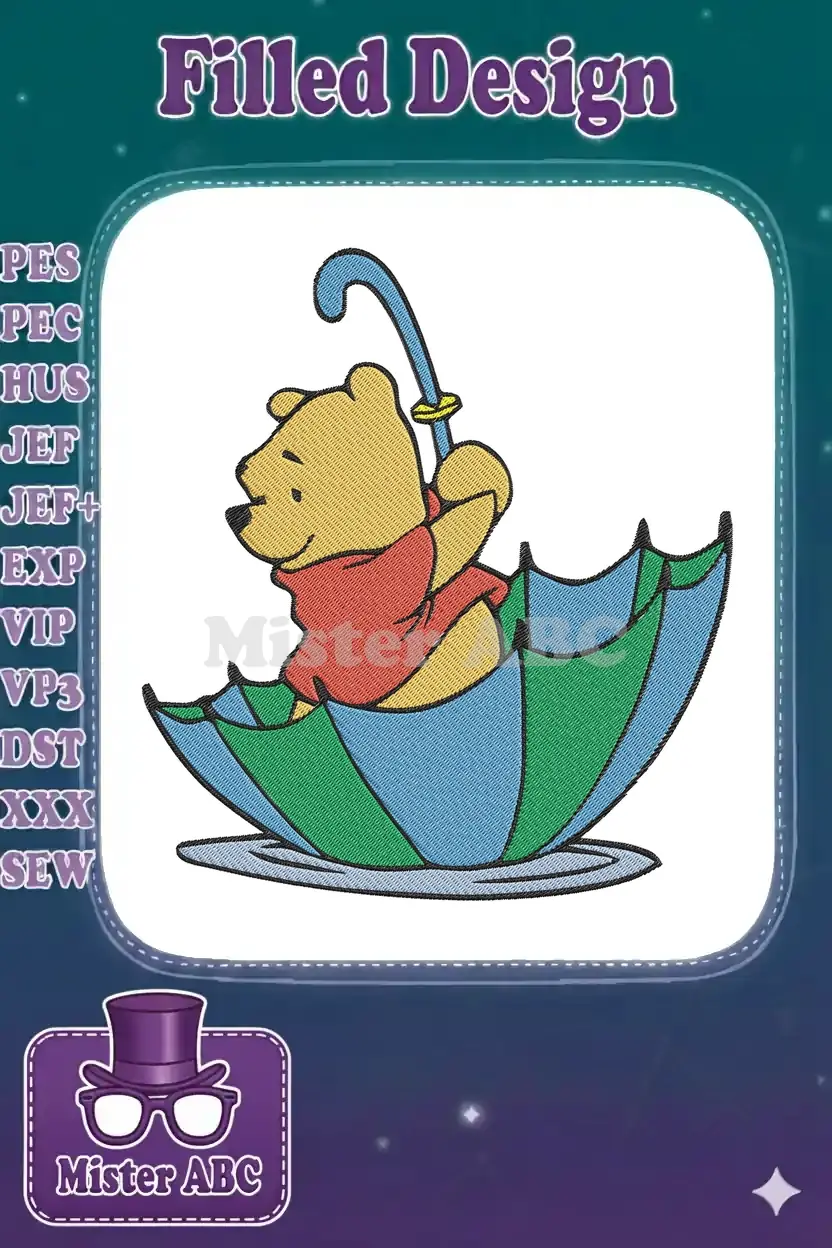 Winnie the Pooh embroidery design, showing Pooh bear in a red shirt, sailing happily in a blue and green umbrella.